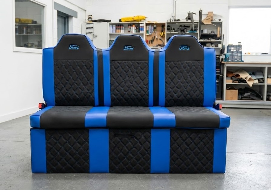 Full width back and blue Bentley Ford rock n roll bed Blue Note Upholstery